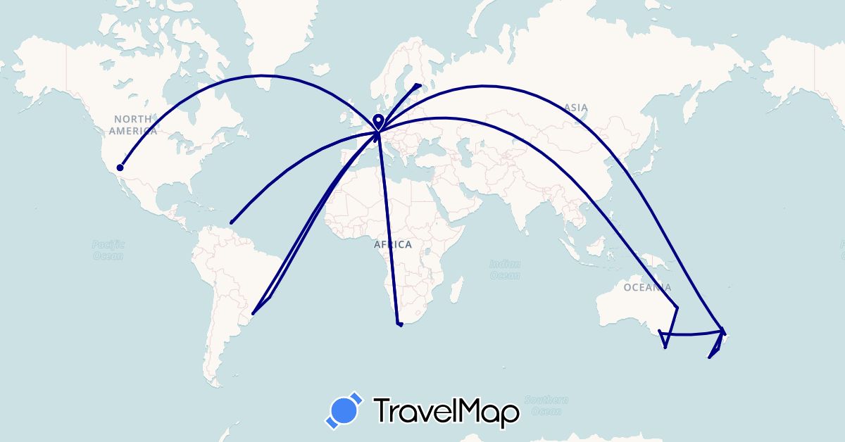TravelMap itinerary: driving in Australia, Brazil, Switzerland, Germany, Finland, Grenada, Italy, New Zealand, United States, Saint Vincent and the Grenadines, South Africa (Africa, Europe, North America, Oceania, South America)